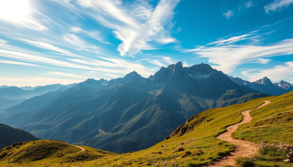 A scenic landscape of the Picos de Europa National Park in northern Spain. In the foreground, a winding mountain trail leads through a lush, verdant meadow dotted with wildflowers. In the middle ground, rugged, snow-capped peaks rise majestically, casting long shadows across the valleys below. The sky is a brilliant blue, with wispy clouds drifting overhead, creating a sense of tranquility and adventure. The lighting is warm and golden, creating a serene and inviting atmosphere. The image captures the essence of the "Wanderungen und Routen im Nationalpark Picos de Europa" section, showcasing the park's breathtaking natural beauty and the endless possibilities for hiking and exploration.