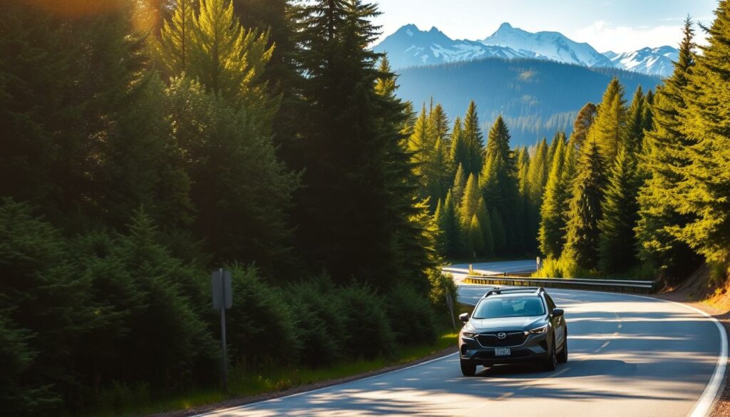 A scenic mountain road winds through lush, verdant forests, leading to the breathtaking landscapes of Olympic National Park. The winding asphalt cuts through the emerald-green canopy, offering glimpses of rugged peaks and distant waterfalls. Sunlight filters through the towering evergreens, casting a warm, golden glow over the serene scene. In the foreground, a sturdy, well-maintained car navigates the curves, its passengers eager to immerse themselves in the park's natural wonders. The middle ground features a mix of towering conifers and the occasional clearing, hinting at the diverse ecosystems that await. The background showcases the iconic, snow-capped summits of the Olympic Mountains, their majesty inspiring awe and wonder. This image captures the essence of the journey to Olympic National Park, setting the stage for an unforgettable adventure.