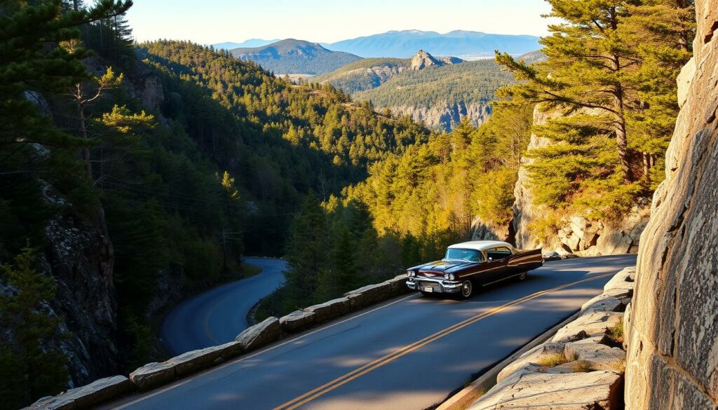 A scenic, panoramic view of a winding mountain road, snaking through a lush, forested landscape in the American Northeast. The rugged, tree-covered slopes of Acadia National Park frame the frame, with glimpses of rocky cliffs and distant peaks peeking through the canopy. The road is bordered by a stone retaining wall, its weathered surface reflecting the golden light of the afternoon sun. A classic American sedan or SUV navigates the gentle curves, its chrome trim and deep paint glimmering. The overall atmosphere is one of tranquil natural beauty, with a sense of adventure and exploration.