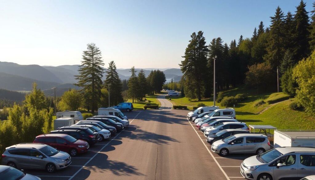 A scenic parking lot nestled within the lush greenery of the Wolin National Park. In the foreground, rows of neatly organized cars and campers, their reflections shimmering on the freshly paved surface. In the middle ground, a winding path leads visitors towards the park's main entrance, flanked by towering pines and the occasional birch tree. The background is dominated by rolling hills and a clear blue sky, with the distant silhouettes of hiking trails and nature reserves. The lighting is soft and diffused, creating a warm, inviting atmosphere that beckons travelers to explore the natural wonder of this protected paradise.