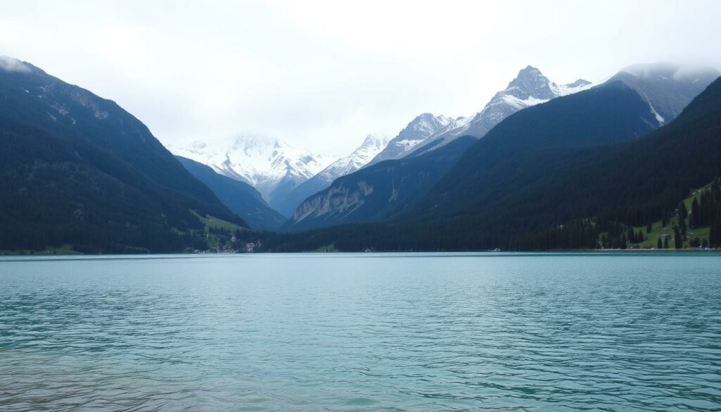 A serene alpine landscape of the iconic Swiss lakes, their tranquil waters reflecting the majestic snow-capped peaks that surround them. In the foreground, a pristine lake with a slight ripple on the surface, its crystal-clear azure hue complemented by the lush, verdant shoreline. The middle ground features dense, evergreen forests blanketing the rolling hills, their shadows cast across the lake. In the distance, the towering, jagged silhouettes of the Swiss Alps pierce the horizon, their rugged, snow-dusted peaks glowing under the soft, diffused light of an overcast sky. The overall atmosphere is one of tranquility, natural beauty, and the timeless allure of these quintessential Swiss waterways.