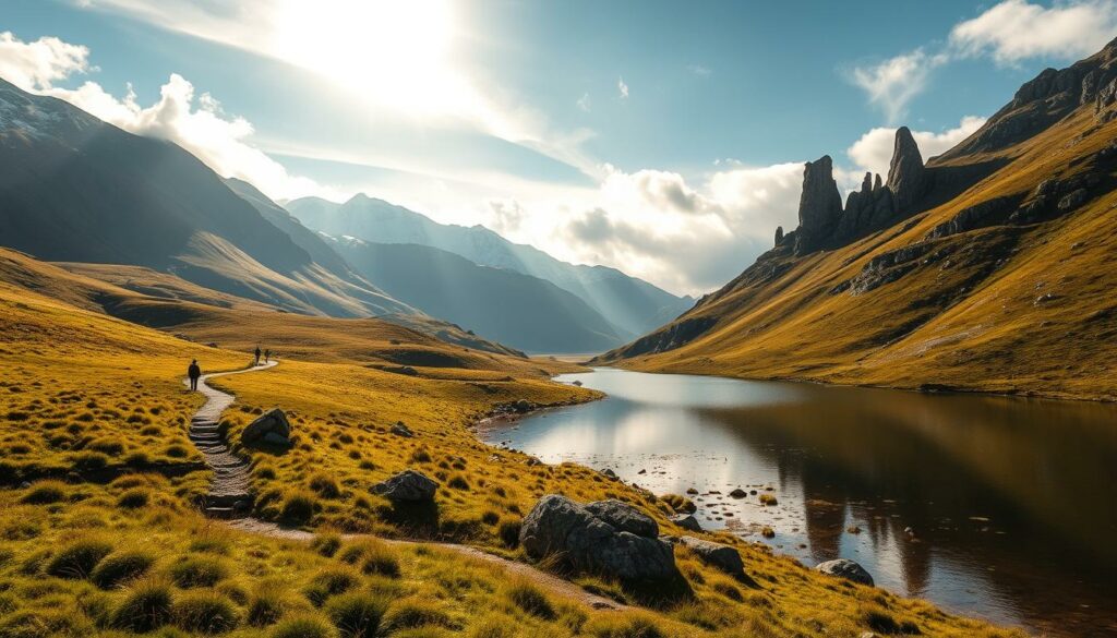 A serene and picturesque landscape in the heart of the Lake District National Park. Winding hiking trails meander through lush, verdant meadows, framed by towering mountains with snow-capped peaks. Sunlight filters through wispy clouds, casting a warm, golden glow over the scene. In the foreground, a tranquil lake reflects the surrounding natural beauty, its still waters offering a mirror-like surface. Rugged rock formations jut out from the hillsides, adding depth and texture to the composition. The overall atmosphere is one of peaceful solitude, inviting the viewer to immerse themselves in the beauty of the great outdoors.
