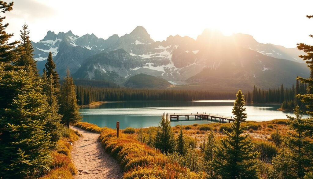 A serene and picturesque landscape of a national park, capturing the essence of practical tips for visitors. In the foreground, a well-marked hiking trail winds through lush, verdant foliage, inviting exploration. In the middle ground, a tranquil lake reflects the surrounding natural beauty, with a wooden dock extending into the water. In the background, rugged, snow-capped mountains rise majestically, creating a dramatic backdrop. The scene is bathed in warm, golden light, casting a soft, inviting glow over the entire composition. The overall mood is one of peaceful tranquility, inspiring visitors to immerse themselves in the park's natural wonders while heeding practical guidance for a memorable experience.