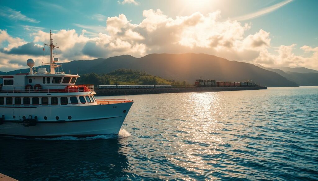 A serene ferry docked at the harbor, its hull reflecting the gentle waves of the surrounding waters. In the distance, an island railway snakes through lush, verdant landscapes, connecting the mainland to this remote, picturesque destination. Warm, golden sunlight filters through wispy clouds, casting a soft, romantic glow over the scene. The camera angle is slightly elevated, capturing the harmonious interplay between the transportation modes and the island's natural beauty. An atmosphere of tranquility and adventure permeates the image, inviting the viewer to embark on a journey to this enchanting island.