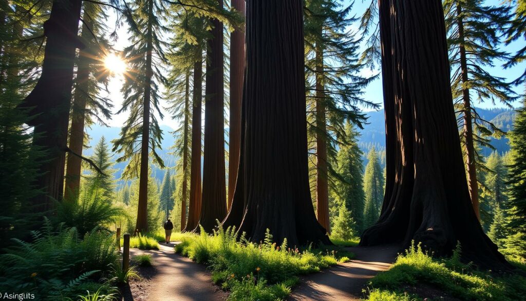A serene hiking trail winds through the towering Redwood trees of Redwood National Park. Sunlight filters through the lush, verdant canopy, casting a warm, golden glow over the scene. In the foreground, a well-marked path leads hikers deeper into the ancient forest, flanked by ferns and vibrant wildflowers. The middle ground features massive, ancient Redwood trunks reaching skyward, their bark rich in texture and color. The background is filled with the rolling hills and distant mountains that define the park's stunning natural landscape. The overall atmosphere is one of peaceful tranquility, inviting the viewer to immerse themselves in the wonder of this iconic American wilderness.