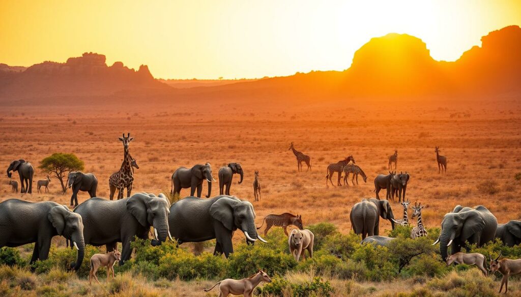 A serene landscape in Namibia and Botswana, captured through the lens of a professional wildlife photographer. In the foreground, a herd of majestic elephants grazes peacefully, their trunks reaching for lush vegetation. The middle ground showcases a diverse array of animals, including graceful giraffes, curious antelope, and the occasional prowling lion. The background is framed by the rugged, arid terrain, with towering sandstone formations and a vibrant, golden sky illuminated by the warm, golden light of the setting sun. The scene evokes a sense of tranquility and the timeless wonder of the African wilderness.