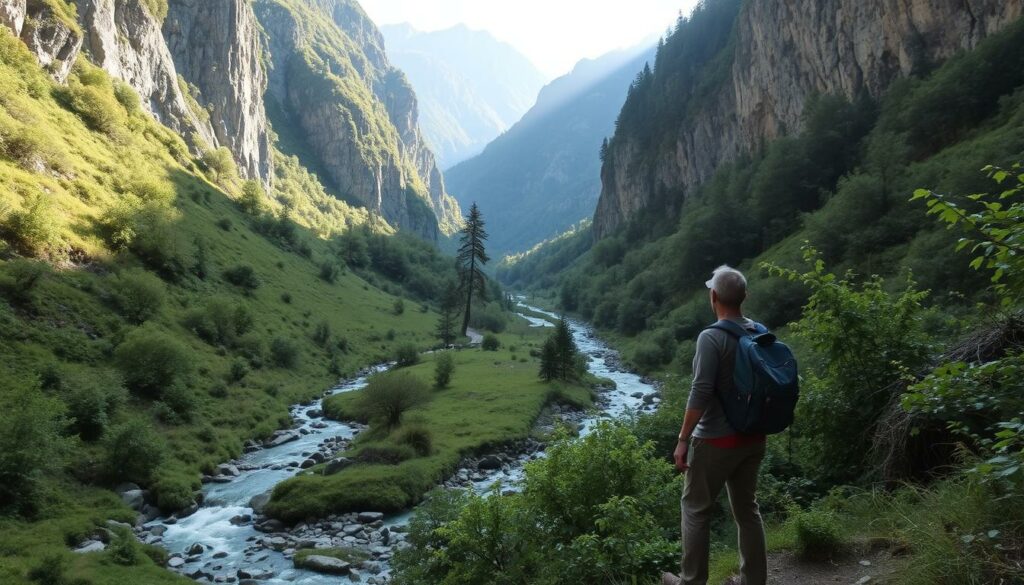 A serene mountain stream winding through a lush, verdant valley in the Ticino region. Towering cliffs and lush foliage frame the scene, casting soft, natural light. In the foreground, a wanderer pauses to admire the unspoiled beauty, capturing the essence of adventure off the beaten path. The tranquil atmosphere invites exploration, with a sense of discovery and connection to the untamed natural landscape. A medium-wide angle lens accentuates the depth and scale of the remote, picturesque setting, conveying the pleasures of venturing beyond the typical tourist haunts.