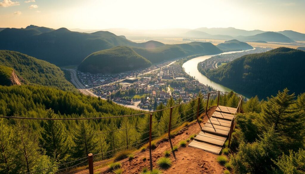 A serene, panoramic viewpoint overlooking the charming town of Bad Schandau, nestled in the heart of the Saxony Switzerland National Park. The scene captures a picturesque vista of the Elbe River winding through the lush, rolling hills and dramatic rock formations characteristic of the region. Warm, golden sunlight dapples the landscape, casting soft shadows and highlighting the vibrant greens of the forest canopy. The foreground features a well-maintained hiking trail leading to an observation deck, offering visitors a breathtaking 360-degree perspective of the breathtaking natural beauty. The overall mood is one of tranquility, wonder, and a deep appreciation for the stunning natural landscapes of this renowned German national park.