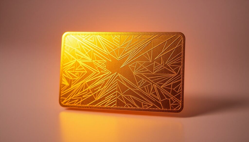 A shiny, gold-colored card with an intricate pattern of lines and geometric shapes, casting a warm, inviting glow against a backdrop of soft, muted tones. The card is surrounded by a subtle halo of light, drawing the viewer's attention to its central position. The overall composition creates a sense of elegance and sophistication, suggesting the card's value and importance as a key to unlocking the rich cultural experiences of Frankfurt's museums.