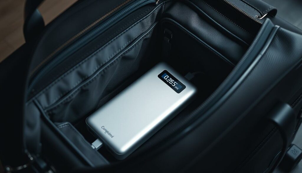 A sleek, silver powerbank nestled inside a classic black leather suitcase, its digital display illuminated with a soft glow. The bag's interior is meticulously organized, with various compartments and pockets to hold travel essentials. Crisp, directional lighting casts subtle shadows, emphasizing the powerbank's compact form and the suitcase's refined design. The scene exudes a sense of practicality and preparedness, hinting at the powerbank's crucial role in keeping devices charged during a journey. The overall mood is one of efficiency and professional poise, reflecting the sensible nature of carrying a powerbank in one's luggage.