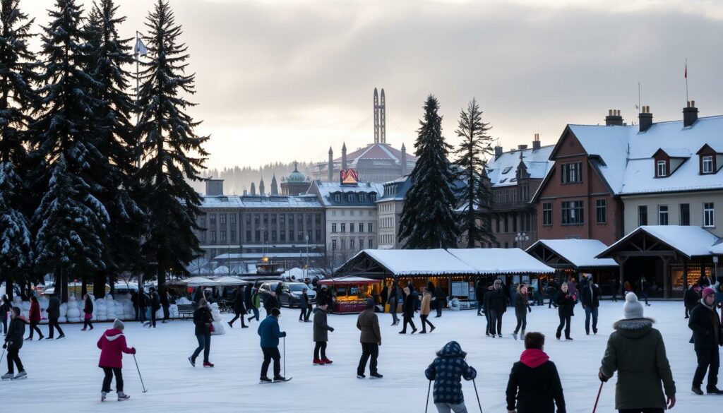 A snow-covered winter wonderland in the heart of Oslo, Norway. In the foreground, people engaged in various outdoor activities - ice skating, cross-country skiing, and building snowmen - against the backdrop of a picturesque frozen lake. Towering pine trees lining the shoreline create a cozy, intimate atmosphere. The middle ground features a bustling market square, where vendors offer warm beverages and traditional Norwegian delicacies. In the distance, the elegant silhouettes of historic buildings and the iconic Holmenkollen ski jump stand tall, their roofs adorned with a fresh layer of pristine snow. Soft, diffused sunlight filters through the clouds, casting a warm, magical glow over the entire scene.