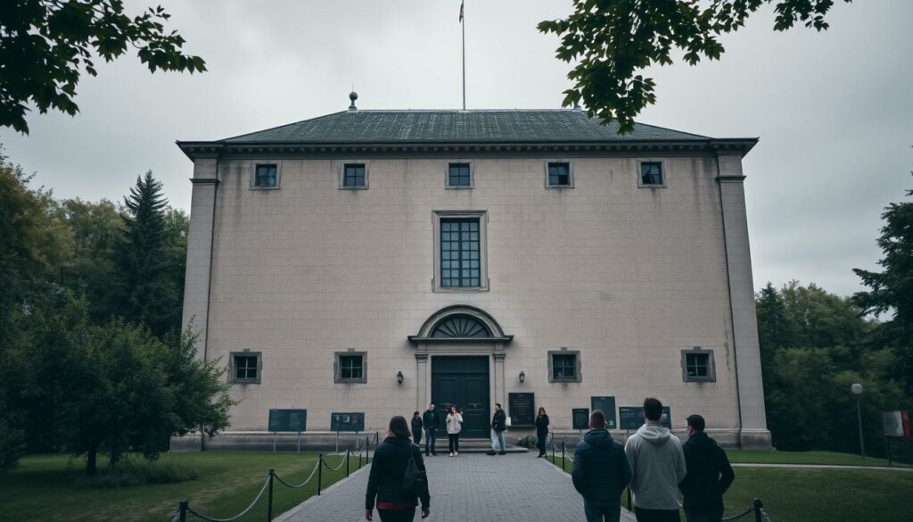 A somber, historical building stands tall, its facade weathered by time and memory. Imposing yet inviting, the Gedenkstätte Steinwache, a former Gestapo prison, now serves as a powerful memorial to the victims of Nazi oppression. The structure's concrete walls and somber, gray tones evoke a palpable sense of gravity, while the surrounding foliage and tranquil setting provide a serene contrast. Visitors approach the site with reverence, their gaze drawn to the plaques and exhibits that recount the stories of those who suffered within these walls. The lighting is soft, casting a contemplative mood as the building stands as a testament to the resilience of the human spirit and the importance of remembering the past.