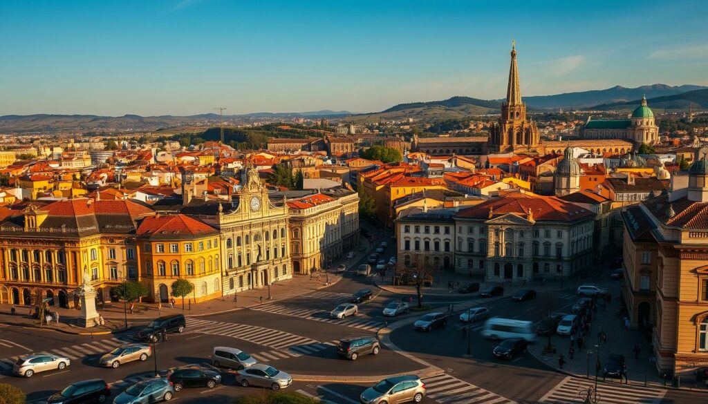 A sprawling cityscape of historical significance, illuminated by warm afternoon light. In the foreground, a busy intersection with vehicles moving in a left-hand traffic pattern, their chrome and steel bodies reflecting the architecture of bygone eras. The mid-ground features a mix of stately government buildings and quaint, cobblestone streets, hinting at the origins of this unique driving tradition. In the background, a towering cathedral spire and rolling hills create a picturesque backdrop, evoking the rich cultural heritage that has shaped this region's transportation norms over time. An atmospheric and immersive scene that captures the historical context of left-hand driving.