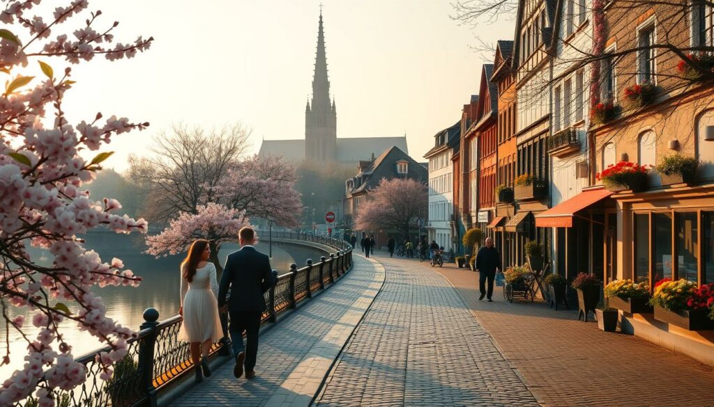 A spring morning in Köln, Germany. The historic city center is alive with vibrant colors and a gentle ambiance. In the foreground, a picturesque Rheinpromenade lined with blooming cherry blossoms and lush greenery. Couples stroll hand-in-hand, captivated by the serene Rhein River reflecting the iconic Kölner Dom cathedral. In the middle ground, quaint cobblestone streets wind between charming half-timbered houses, their facades adorned with colorful flower boxes. Warm, soft lighting filters through the hazy sky, casting a romantic glow over the scene. In the background, the towering spires of the Kölner Dom stand tall, a timeless symbol of the city's rich history and architectural grandeur. An atmosphere of seasonal enchantment and timeless love permeates the air.