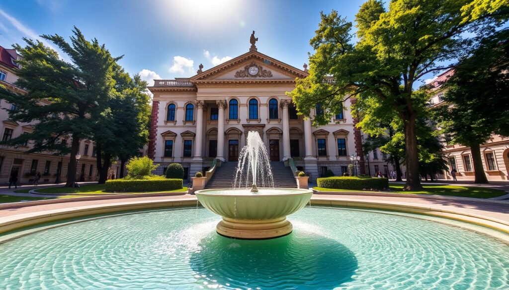 A stately Renaissance-style building stands proud, its intricate facade adorned with ornate details and towering columns. The Museum für Geschichte, a bastion of Graz's rich history, sits amidst a lush, tree-lined square, inviting visitors to step into the past. Sunlight filters through the building's grand windows, casting a warm, inviting glow over the scene. In the foreground, a fountain gurgles softly, its crystal-clear waters reflecting the museum's imposing presence. The surrounding architecture blends seamlessly, creating a harmonious, picturesque setting that transports the viewer to a bygone era. A sense of timelessness and cultural significance permeates the air, setting the stage for an immersive exploration of Styria's captivating history.