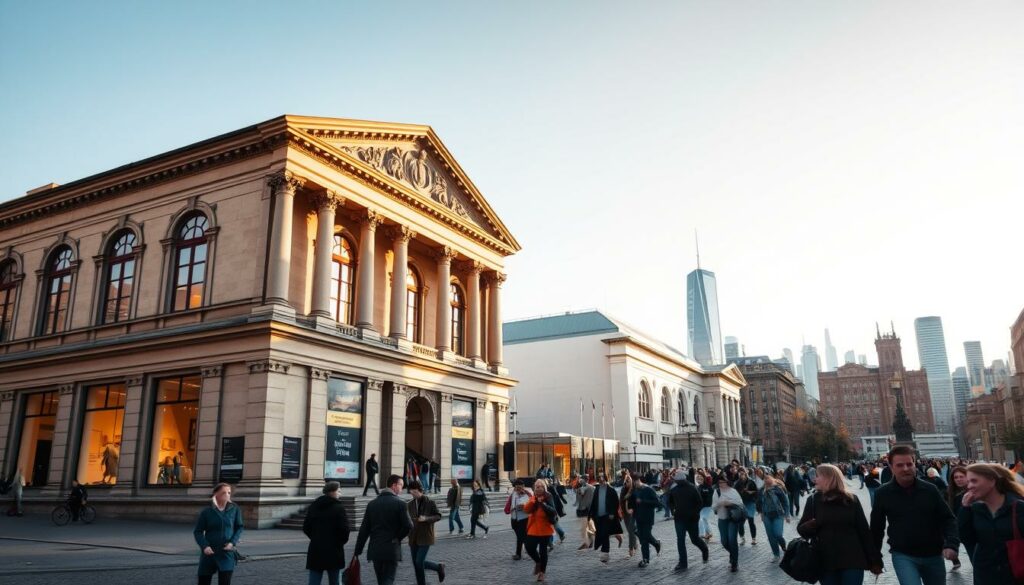 A stately building with classical architecture stands proudly on a cobblestone street, its facade adorned with intricate carvings and columns. The warm glow of afternoon sunlight streams through the windows, casting a soft, inviting ambiance. In the foreground, people stroll leisurely, engrossed in the history and culture that emanates from this iconic museum. The middle ground reveals the bustling activity within, with visitors exploring the exhibits that chronicle the ever-evolving story of Hamburg. In the background, the skyline of the city rises, a testament to the city's dynamic transformation over the centuries. This scene captures the essence of the Museum für Hamburgische Geschichte, a place where the past and present coexist, inviting all to immerse themselves in the captivating journey of Hamburg's history.