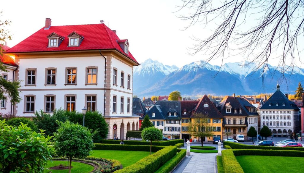 A stately, two-story building with a red-tiled roof and white facade stands proudly in the heart of Bern, Switzerland. The Einstein-Haus, a historic landmark, radiates an air of intellectual grandeur, its windows casting a warm, inviting glow. The foreground features a well-manicured garden, with lush, verdant foliage and a tranquil pathway leading to the building's entrance. In the middle ground, the surrounding neighborhood buildings create a charming, old-world ambiance, while the background showcases the majestic Swiss Alps, their snow-capped peaks reaching towards the sky. Soft, golden lighting bathes the scene, evoking a sense of timeless elegance and the legacy of the renowned physicist, Albert Einstein, who once lived within these walls.