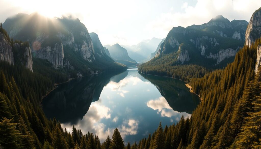 A stunning landscape of Crno Jezero, a serene black lake nestled within the majestic Tara Canyon in Montenegro's Durmitor National Park. Dramatic cliffs plunge into the still, mirror-like waters, their reflection doubling the towering peaks that frame the scene. Lush, evergreen forests cling to the canyon walls, creating a rich, verdant backdrop. Warm, golden sunlight filters through wispy clouds, casting a soft, ethereal glow over the entire tableau. A wide-angle lens captures the grandeur of this natural wonder, inviting the viewer to immerse themselves in the park's breathtaking beauty and serenity.