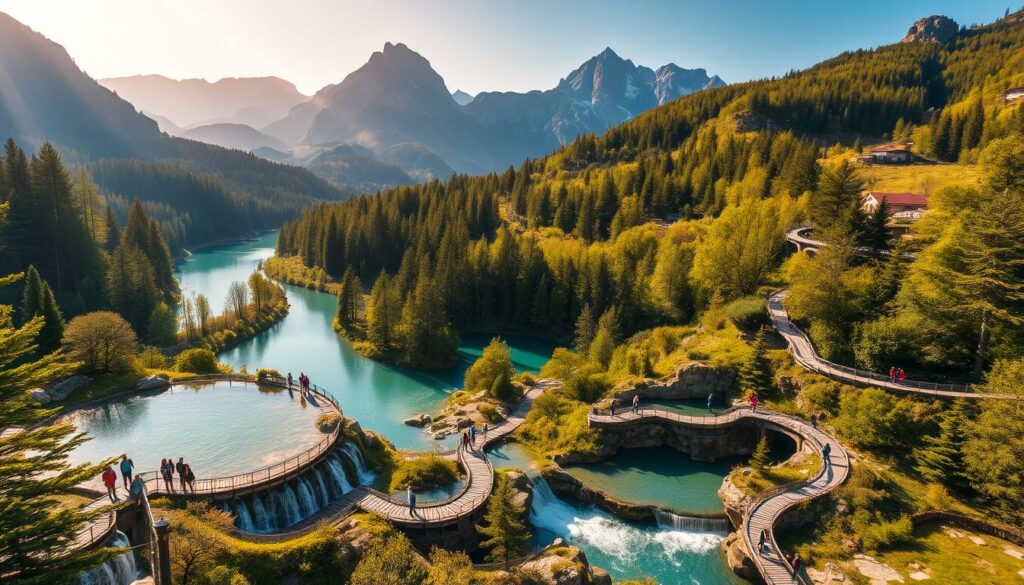 A stunning landscape of the Plitvice Lakes National Park, Croatia. In the foreground, crystal-clear turquoise lakes cascade over limestone terraces, surrounded by lush, verdant forests. Visitors explore wooden walkways that wind through the serene, tranquil waters, taking in the breathtaking natural beauty. In the middle ground, hikers trek along winding trails, discovering hidden waterfalls and serene viewpoints. The background features towering, rugged mountains, their peaks capped with a dusting of snow, creating a dramatic and awe-inspiring backdrop. Warm, golden sunlight filters through the trees, casting a warm, ethereal glow over the entire scene. The image conveys a sense of peaceful contemplation and adventure, perfectly capturing the essence of the Plitvice Lakes National Park.