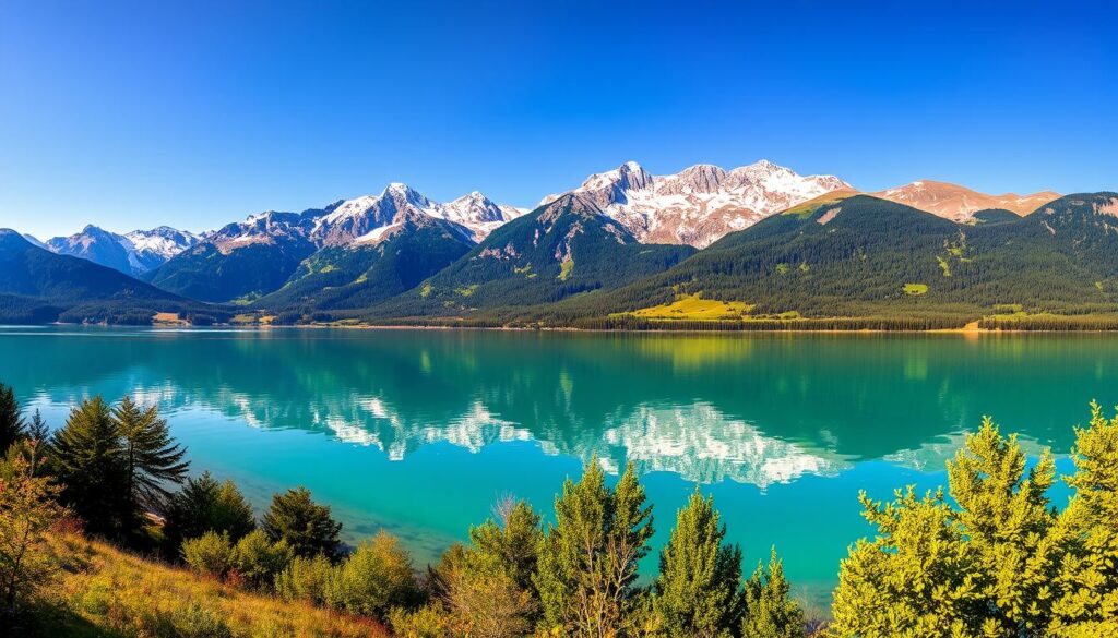 A stunning panorama of the most picturesque lakes in Switzerland, bathed in golden light and reflected on still, crystal-clear waters. In the foreground, the serene shores of a pristine alpine lake, its turquoise hues contrasting with the lush, verdant foliage along the banks. In the middle ground, majestic snow-capped peaks rise majestically, their rugged beauty mirrored in the calm surface below. The background is a tapestry of rolling hills and dense forests, creating a breathtaking natural landscape. The scene is imbued with a sense of tranquility and wonder, capturing the essence of the most beautiful lakes in Switzerland.