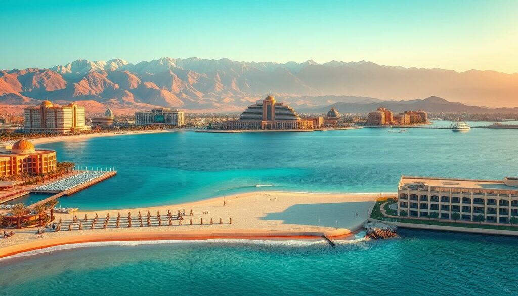 A stunning panoramic view of the bustling coastal city of Sharm El Sheikh in the winter season. In the foreground, the crystal-clear turquoise waters of the Red Sea gently lap against the pristine white sandy beaches, dotted with sun loungers and parasols. In the middle ground, the iconic hotels and resorts stand tall, their architecture reflecting the region's cultural heritage. The background is dominated by the majestic Sinai mountains, their peaks capped with a light dusting of snow, creating a breathtaking contrast against the azure sky. The warm, golden hues of the setting sun cast a soft, ethereal glow over the entire scene, evoking a sense of tranquility and relaxation. The whole composition is captured through a wide-angle lens, showcasing the splendor and grandeur of this stunning winter destination.