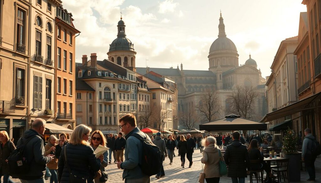 A sun-dappled European cityscape, with historic buildings and bustling pedestrians navigating cobblestone streets. In the foreground, a group of tourists pause to consult a map, their faces alight with a sense of adventure. In the middle ground, a sidewalk café serves steaming espresso and hearty local fare to relaxed diners. In the background, the iconic spires and domes of a grand cathedral rise majestically, casting long shadows across the scene. Warm, golden light filters through wispy clouds, imbuing the entire tableau with a sense of timeless European charm. The overall mood is one of exploration, discovery, and the joys of unfettered travel within the European Union.