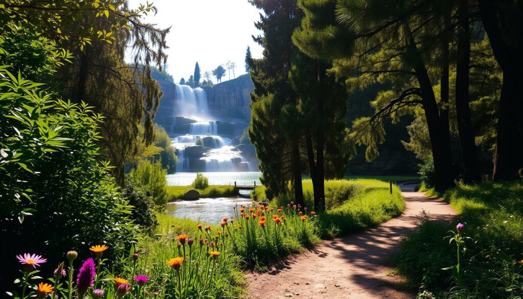 A sun-dappled scene in the Nationalpark Krka, Croatia. In the foreground, a winding footpath leads through lush, verdant foliage, with vibrant wildflowers dotting the landscape. In the middle ground, a series of cascading waterfalls tumble over limestone cliffs, their crystal-clear waters sparkling in the soft, golden light. In the background, towering cypress trees frame the scene, their elegant silhouettes reflecting in the still pools below. The atmosphere is serene and tranquil, inviting visitors to immerse themselves in the natural beauty of this picturesque park.