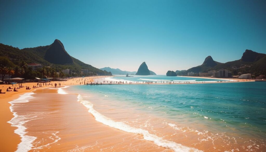 A sun-drenched beach in Rio de Janeiro, Brazil. In the foreground, golden sand and crystal-clear turquoise waters lap gently against the shore. Beachgoers lounge on colorful towels, soaking up the warm rays. In the middle ground, iconic Copacabana and Ipanema beaches stretch out, framed by lush, verdant hills and the iconic silhouette of Sugarloaf Mountain in the distance. The sky is a brilliant, cloudless blue, creating a serene, idyllic atmosphere. Warm, diffused lighting bathes the scene, capturing the laid-back, vibrant essence of this famous Brazilian coastal destination.