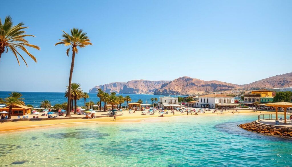 A sun-drenched beach on the island of Rhodes, Greece. In the foreground, crystal-clear turquoise waters lap against the golden sands, dotted with colorful umbrellas and sunbathers soaking up the Mediterranean warmth. Towering palm trees sway gently in the sea breeze, casting dappled shadows across the scene. The middle ground reveals a picturesque seaside promenade, lined with charming whitewashed buildings and lively cafes. In the distance, the rugged cliffs of the island's interior rise up, creating a dramatic backdrop to this idyllic coastal paradise. Warm, diffused lighting bathes the entire vista, evoking a serene, relaxing atmosphere perfect for a Greek island getaway.