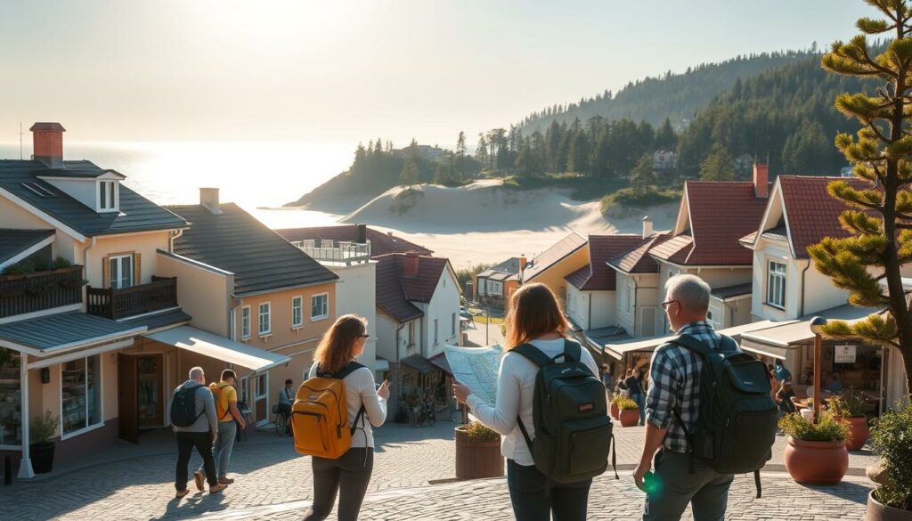 A sun-drenched coastal town, its pastel-hued houses and cobblestone streets nestled along the glistening Baltic Sea. In the foreground, a group of travelers pause to consult a map, their backpacks and hiking gear suggesting a day of adventure ahead. The middle ground showcases local shops and cafes, their inviting facades promising unique souvenirs and authentic cuisine. In the background, towering dunes and lush pine forests frame the scene, hinting at the natural wonders that await beyond the town's limits. Soft, warm lighting filters through the air, creating a sense of tranquility and exploration. This picturesque tableau captures the essence of a relaxing, yet enriching Polish Baltic Sea vacation.
