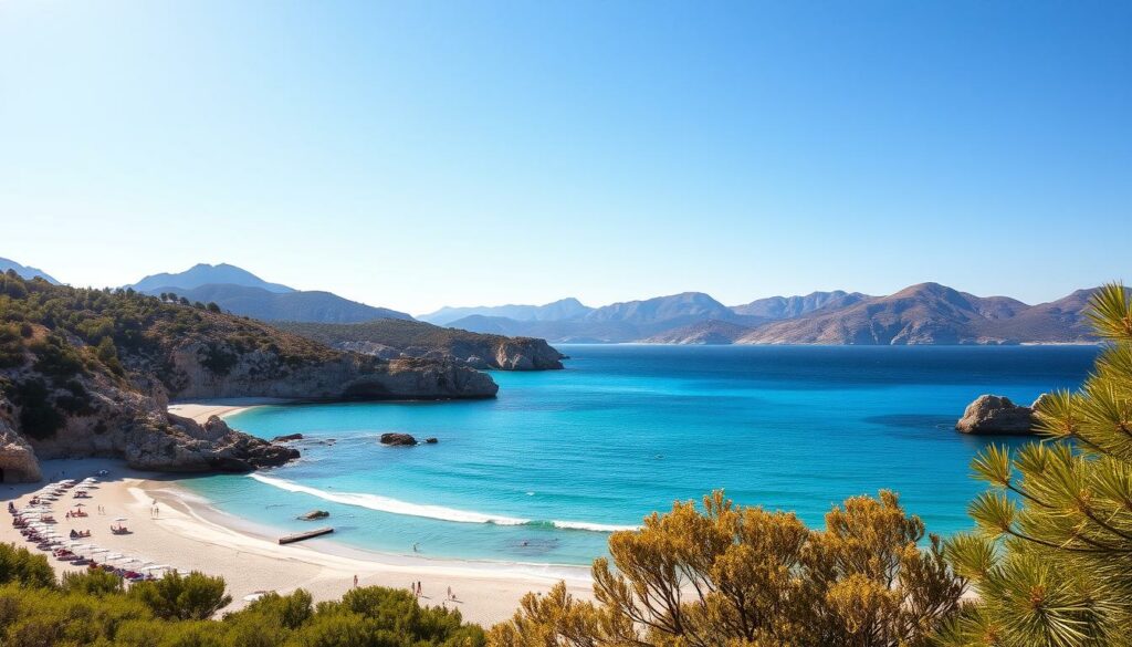 A sun-drenched coastline of Sardinia, with crystal-clear turquoise waters lapping against pristine white sand beaches. In the foreground, beach umbrellas and sunbathers dot the shoreline, while in the middle ground, rocky cliffs and lush Mediterranean vegetation frame the scene. In the background, rugged mountains rise up, their peaks bathed in a warm, golden light. The entire composition has a serene, idyllic atmosphere, capturing the essence of Sardinia's best beaches - a true paradise for those seeking sun, sand, and stunning natural beauty.