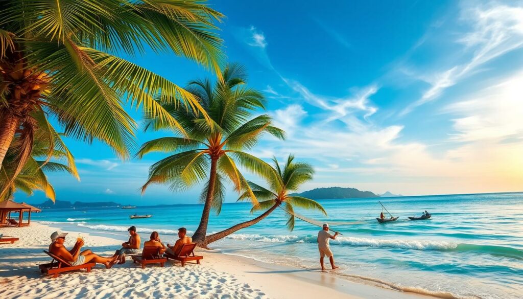 A sun-drenched tropical beach in southern Vietnam, with swaying palm trees, white sand, and crystal clear turquoise waters lapping at the shore. In the foreground, a group of vacationers relaxes on lounge chairs, sipping refreshing drinks. In the distance, a few local fishermen cast their nets into the gentle waves. The sky is a brilliant azure, with wispy clouds reflecting the warm hues of the setting sun. The scene exudes a sense of tranquility and leisure, perfectly capturing the essence of a southern Vietnamese beach vacation.
