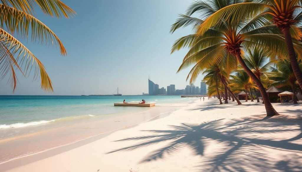 A sun-drenched tropical beach with soft white sand and gently lapping turquoise waves. In the foreground, palm trees sway in the warm breeze, casting playful shadows across the sand. The middle ground features a small, secluded artificial beach with a few sunbathers relaxing on loungers. In the distance, the modern skyline of Malé rises, a striking contrast to the tranquil seaside setting. The scene is bathed in warm, golden sunlight, creating a serene and inviting atmosphere. The overall mood is one of relaxation and escape, perfectly capturing the essence of a Maldivian beach holiday.