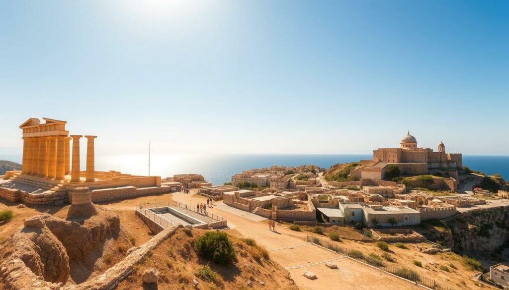 A sun-drenched vista of Rhodos' iconic landmarks, captured with a wide-angle lens to showcase the grandeur of the island. In the foreground, the majestic Acropolis of Lindos, its ancient ruins bathed in warm, golden light. The middle ground features the stunning Kamiros, an archaeological site with its well-preserved Hellenistic and Roman ruins. In the distance, the iconic Citadel of the Knights, a UNESCO World Heritage site, stands tall against a cloudless azure sky. The scene is imbued with a sense of timeless beauty and historical significance, inviting the viewer to explore the rich cultural heritage of this Mediterranean gem.