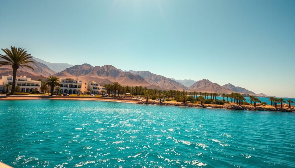 A sun-drenched vista of Sharm El Sheikh, Egypt, captured in a wide-angle lens. In the foreground, a pristine expanse of turquoise waters glitters under the midday sun, framed by a gently curving coastline dotted with swaying palm trees. The middle ground features a series of whitewashed, low-rise buildings, their architectural details casting long, dramatic shadows across the scene. In the distance, the rugged, ochre-hued mountains of the Sinai Peninsula rise majestically, their peaks bathed in a warm, golden glow. The overall atmosphere is one of tranquility and languid relaxation, perfectly capturing the essence of Sharm El Sheikh's renowned climate and natural beauty.