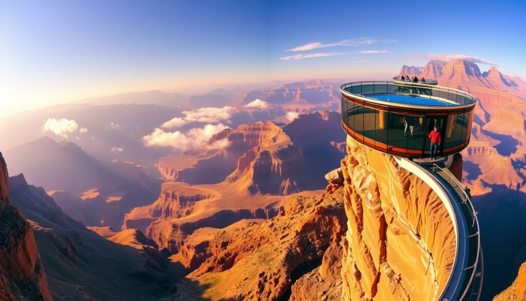 A sweeping panorama of the iconic Grand Canyon Skywalk, jutting out over the vast chasm, framed by the towering red-orange cliffs and dramatic lighting. The transparent glass walkway appears to float in mid-air, offering visitors a thrilling, vertigo-inducing view of the canyon thousands of feet below. In the middle ground, the rugged, layered geology of the canyon walls is illuminated by warm, golden sunlight filtering through wispy clouds. In the distant background, the vast expanse of the Grand Canyon stretches out, its undulating ridges and hues of brown, ochre, and violet fading into the horizon. A sense of awe-inspiring scale and sublime natural beauty permeates the scene.