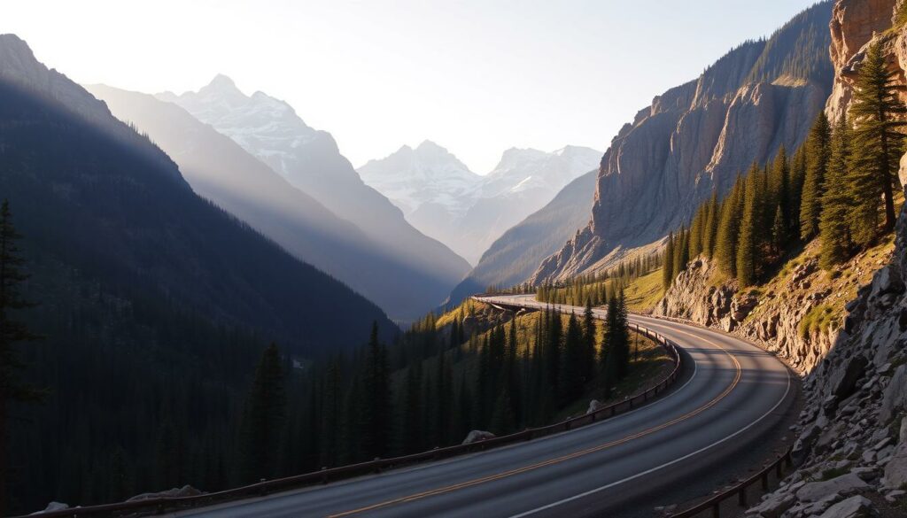 A sweeping panoramic view of the iconic Going-to-the-Sun Road in Glacier National Park, Montana. In the foreground, the winding asphalt ribbon of the scenic highway cutting through dramatic mountainous terrain, flanked by lush pine forests. In the middle ground, towering snow-capped peaks rise majestically, their jagged, rugged profiles silhouetted against a crisp, clear sky. Soft, diffused natural light bathes the scene, casting long shadows and highlighting the vibrant colors of the alpine landscape. The overall composition conveys a sense of grand, awe-inspiring scale, inviting the viewer to experience the breathtaking beauty and grandeur of this renowned American national park.