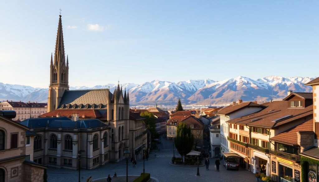 A towering cathedral stands proudly in the foreground, its Gothic spires reaching towards the heavens. In the middle ground, cobblestone streets wind through a historic district, lined with quaint cafes and artisan shops. In the background, the snow-capped peaks of the Swiss Alps rise, casting a serene and majestic backdrop. The scene is bathed in warm, golden light, creating a sense of timelessness and enchantment. This is the essence of Geneva's rich cultural heritage, a tapestry of ancient architecture, vibrant local life, and breathtaking natural beauty.