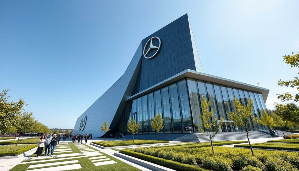 A towering, futuristic structure with sleek, angular architecture made of glass and steel, the Mercedes-Benz Museum stands tall against a clear blue sky. The facade reflects the gleaming silver Mercedes-Benz logo, casting a brilliant glow. In the foreground, a well-manicured garden with geometric paths and lush foliage frames the museum's entrance. Visitors stroll along, admiring the building's innovative design. Through the large, open windows, a glimpse of the museum's impressive car collection is visible, showcasing the brand's rich automotive heritage. The scene exudes a sense of modernity, technology, and the enduring legacy of Mercedes-Benz.