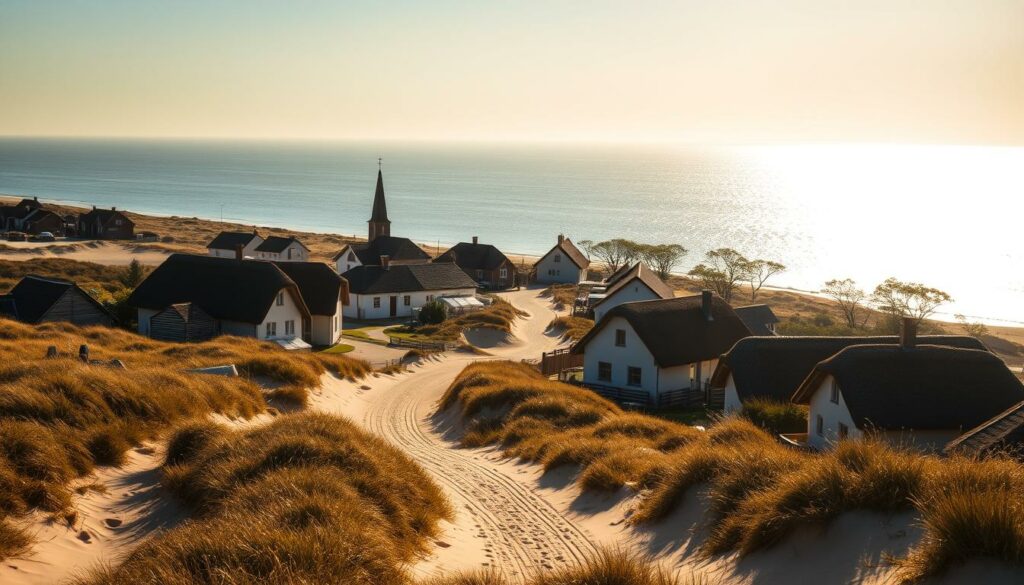 A tranquil coastal town on the North Sea island of Juist, nestled between rolling sand dunes and the vast, glistening waters. Quaint ferienwohnungen (vacation homes) dot the landscape, their charming thatched roofs and pastel-colored facades reflecting the region's timeless character. A warm, golden light bathes the scene, casting long shadows across the sandy paths that wind through the picturesque settlement. In the distance, a church steeple and the silhouettes of windswept trees add to the serene, quintessentially northern German atmosphere. The overall mood is one of peaceful seclusion, inviting the viewer to imagine the ultimate relaxing Nordsee holiday.