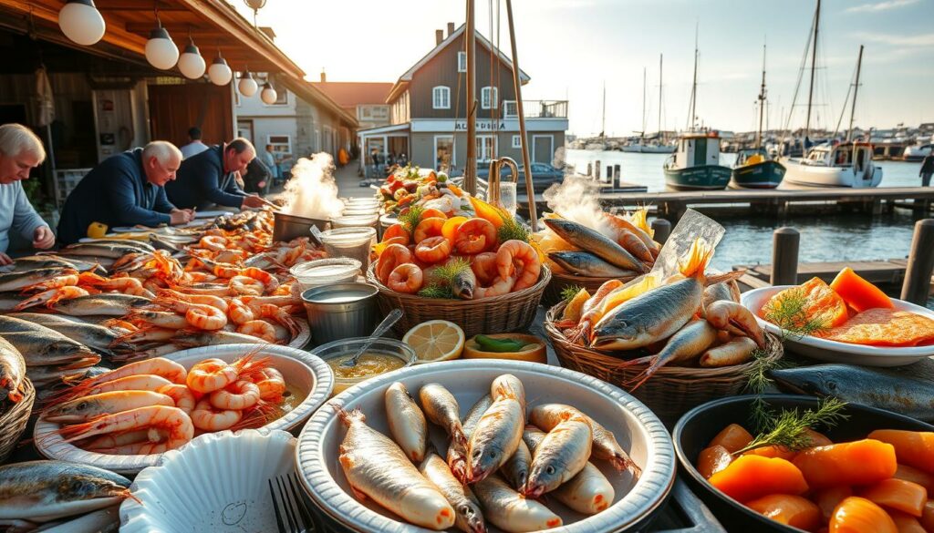 A tranquil seaside town comes alive with the vibrant colors and aromas of Büsum's renowned seafood specialties. In the bustling fish market, fishermen display their daily catch - glistening mackerel, succulent shrimp, and plump, freshly-landed crab. The scene is bathed in warm, golden sunlight, casting a soft glow over the wooden stalls and the eager faces of locals and visitors alike. The middle ground features a selection of traditional German seafood dishes, each one a tempting culinary masterpiece - crisp-fried fish fillets, steaming platters of boiled crustaceans, and delicate smoked salmon garnished with dill. In the background, the iconic Büsum harbor comes into view, its colorful boats and weathered piers setting the stage for this quintessential North Sea gastronomic experience.