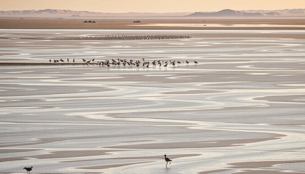 A vast expanse of tidal flats and shallow waters, the Wattenmeer of the North Sea unfolds in a serene and captivating manner. In the foreground, wading birds gracefully navigate the intricate web of channels and mudflats, their delicate movements mirrored in the glistening waters. The middle ground reveals schools of fish darting through the shimmering currents, while seals bask on distant sandbars, basking in the warm glow of the coastal sun. The background showcases the rugged, windswept dunes and marshes that frame this unique ecosystem, a symphony of natural beauty and ecological wonder. Soft, diffused lighting casts a warm, golden hue, evoking a sense of tranquility and timelessness. This captivating scene captures the essence of the Wattenmeer's fascinating wildlife, inviting the viewer to immerse themselves in the serene and captivating world of this remarkable coastal landscape.