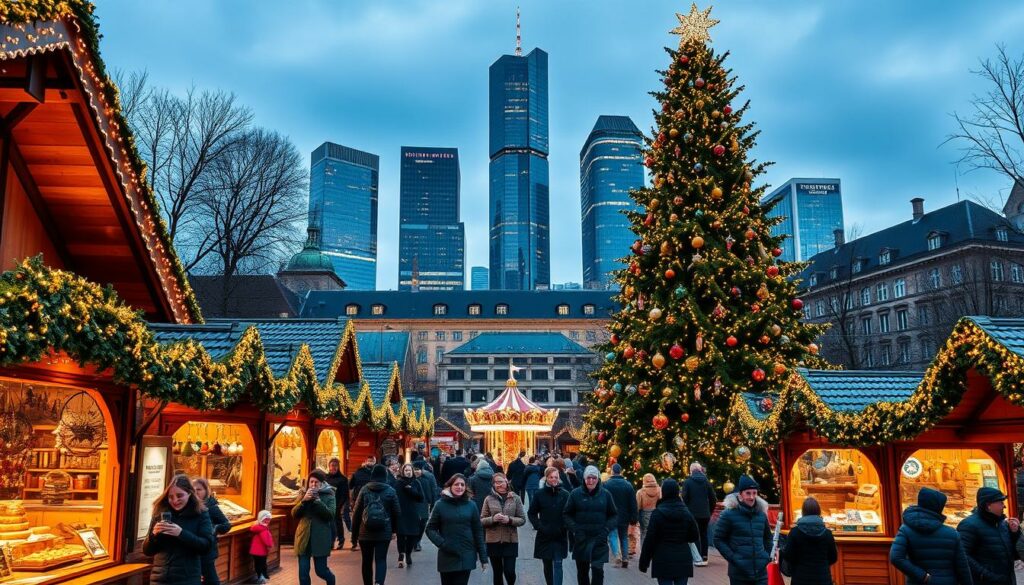 A vibrant Christmas market in the heart of Frankfurt, Germany. A cozy, picturesque scene with rows of charming wooden stalls adorned with twinkling lights and festive decorations. Bundled-up visitors stroll through the bustling marketplace, sipping mulled wine and admiring handcrafted ornaments, steaming bratwurst, and gingerbread treats. In the foreground, a towering Christmas tree stands majestically, its branches laden with sparkling ornaments. The middle ground features a merry-go-round and ice rink, with the iconic skyline of Frankfurt's modern skyscrapers visible in the background, creating a captivating contrast between old and new. The overall atmosphere is warm, cozy, and evocative of the enchanting holiday spirit.