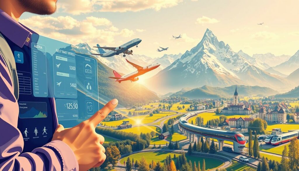 A vibrant and dynamic illustration depicting the "Best Booking Strategies" for flights from Austria. In the foreground, a savvy traveler navigates a sleek, futuristic flight booking interface, their finger gliding across a holographic display as they effortlessly compare prices and flight options. In the middle ground, a diverse array of transportation modes - from sleek airplanes to high-speed trains - converge, representing the wide range of travel possibilities. The background showcases a stunning panorama of the Austrian landscape, with majestic snow-capped peaks, lush meadows, and picturesque towns, all bathed in warm, golden sunlight. The overall atmosphere conveys a sense of efficiency, exploration, and the thrill of discovering the best travel deals.