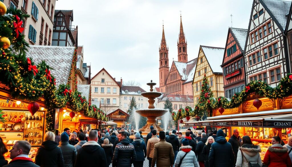 A vibrant, bustling Christmas market at the Hauptmarkt in Nuremberg, Germany. In the foreground, a crowd of merry shoppers browse lively stalls adorned with colorful lights and garlands, admiring handcrafted ornaments, local delicacies, and festive trinkets. The middle ground features the iconic Schöner Brunnen fountain, its gilded spires glistening under a crisp winter sky. In the background, the historic Frauenkirche cathedral and half-timbered buildings create a charming, timeless ambiance, embodying the enchanting spirit of the Nuremberg Christkindlesmarkt. The scene is illuminated by a warm, golden glow, capturing the cozy, merry atmosphere of this beloved holiday destination.