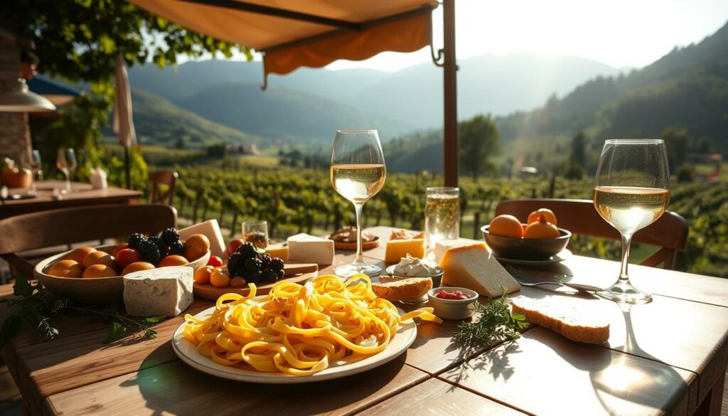 A vibrant culinary landscape in the heart of the Ticino region, Switzerland. Sunlight dances across a table adorned with local delicacies - fresh pasta, artisanal cheeses, and a glass of crisp white wine. In the background, the picturesque rolling hills and lush vineyards of the Ticino countryside set the stage for this epicurean delight. The scene is captured with a soft, romantic lens, emphasizing the rustic charm and the rich flavors of the region. A sense of tranquility and indulgence permeates the image, inviting the viewer to savor the gastronomic treasures of this Swiss gem.