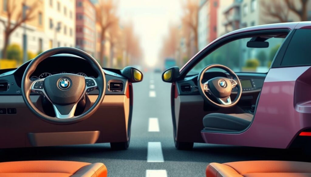 A vibrant, fully-rendered illustration depicting the distinct differences between a right-hand drive (Rechtslenker) and a left-hand drive (Linkslenker) vehicle. Set against a subtly blurred urban backdrop, the scene showcases two cars positioned head-to-head, their steering wheels and control panels mirrored in orientation. Crisp, detailed textures and lighting capture the distinctive design elements, highlighting the driver's seating position, dashboard layout, and overall vehicle proportions. The composition conveys a sense of informative contrast, inviting the viewer to appreciate the nuances of navigating roads in countries with opposing traffic flow.