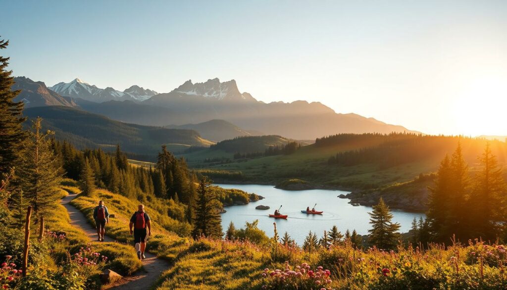A vibrant outdoor scene in a lush Wolin National Park, bathed in warm golden light. In the foreground, hikers explore a winding trail flanked by verdant forests and wildflowers. In the middle ground, kayakers glide across a glistening lake, surrounded by rolling hills and rocky outcroppings. In the background, a majestic mountain range rises, its peaks capped with snow. The atmosphere is one of tranquility and adventure, inviting visitors to immerse themselves in the natural beauty of this idyllic wilderness.