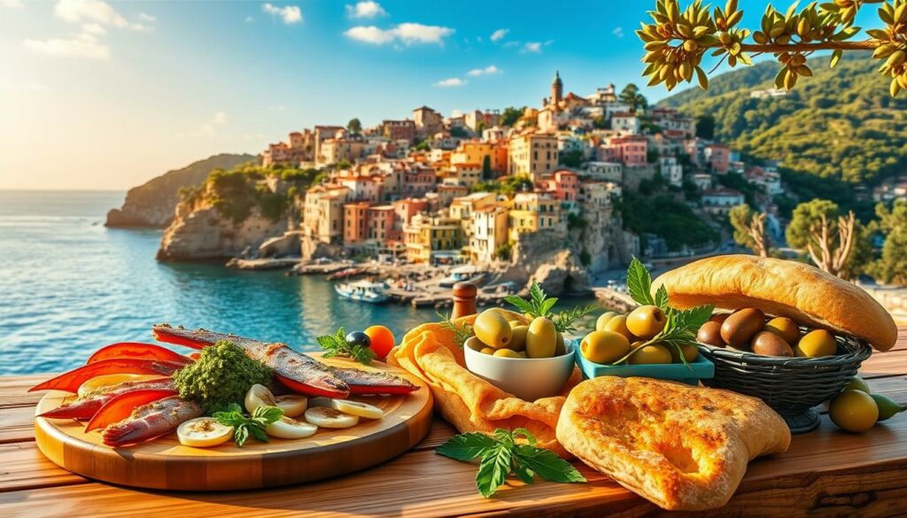 A vibrant still life depicting the renowned culinary specialties of the Cinque Terre region. In the foreground, a rustic wooden table is adorned with an array of authentic local delicacies - fresh-caught seafood, fragrant pesto alla genovese, tangy Ligurian olives, and crusty artisanal focaccia. The middle ground features a stunning coastal landscape, with the iconic colorful houses of the picturesque villages nestled among lush terraced vineyards and olive groves. The background is bathed in warm, golden afternoon light, capturing the inviting Mediterranean atmosphere. Photographed with a wide-angle lens to showcase the full splendor of this culinary and scenic paradise.