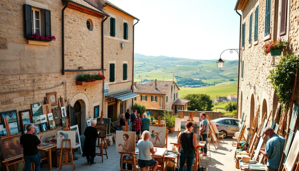 A vibrant, sun-drenched scene of a bustling artist's workshop in the charming historic town of Groznjan, Istria. In the foreground, a group of painters, sculptors, and craftspeople work diligently at their easels and workbenches, immersed in creative expression. The middle ground reveals a picturesque courtyard flanked by centuries-old stone buildings, their facades adorned with colorful window boxes and potted plants. In the background, the rolling green hills of the Istrian countryside stretch out, bathed in warm, golden light. A sense of artistic energy and community permeates the scene, capturing the essence of Groznjan as a thriving hub for cultural enrichment and creative pursuits.